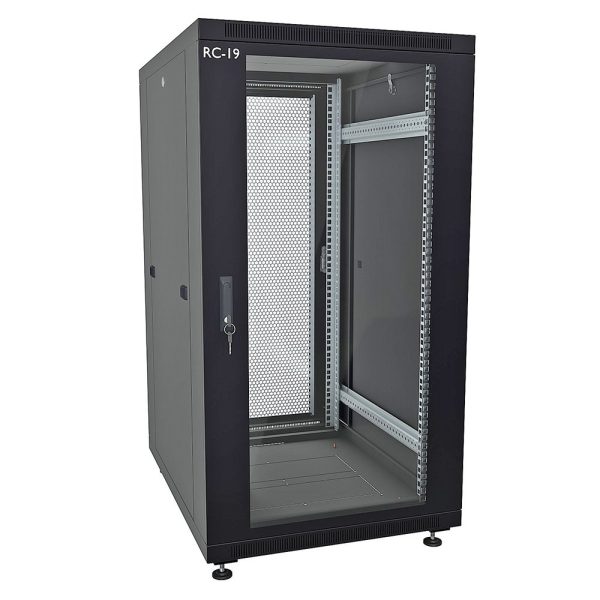 RC19 RP-18.6.8-GP.9005 Шкаф напольный 18U 600x800x920мм (ШхГхВ) телекоммуникационный 19amp;quot;, передняя дверь стеклянная - задняя дверь перфорированная, цвет черный RAL 9005