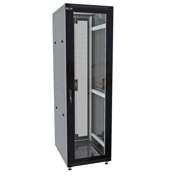 RC19 RP-42.6.8-G2P.9005 Шкаф напольный 42U 600x800x1987мм (ШхГхВ) телекоммуникационный 19amp;quot;, передняя дверь стеклянная - задняя дверь перфорированная двойная, цвет черный RAL 9005