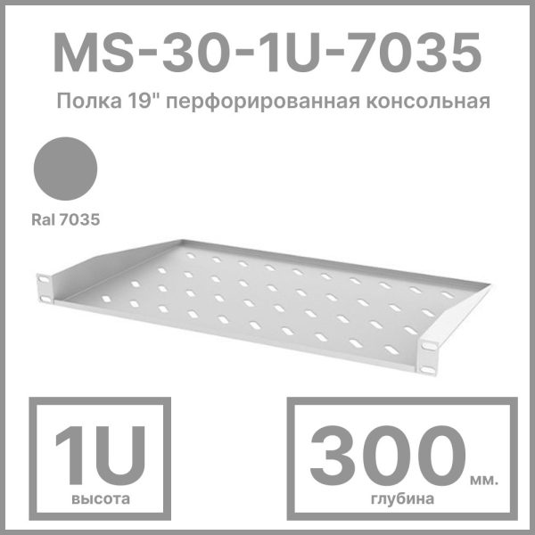 RC19 MS-30-1U-7035 Полка 19amp;quot; перфорированная консольная 1U, глубина 300мм, цвет серый Ral 7035
