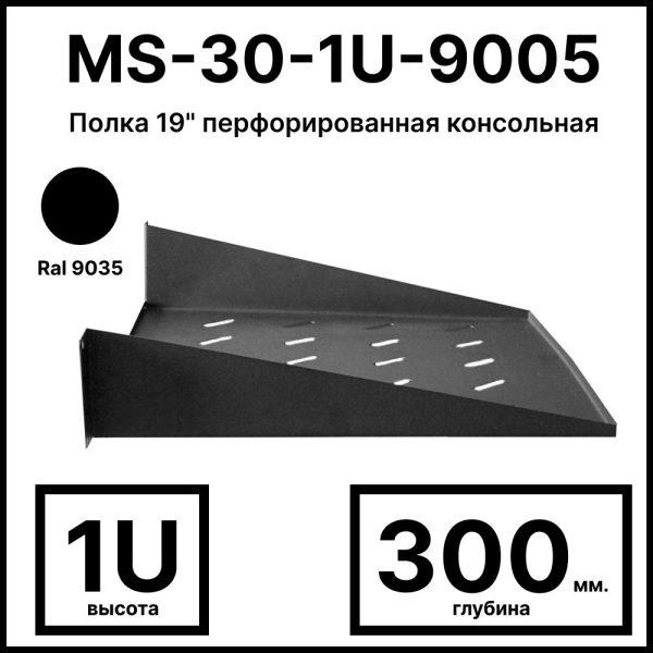 RC19 MS-30-1U-9005 Полка 19amp;quot; перфорированная консольная 1U, глубина 300мм, цвет черный Ral 9005