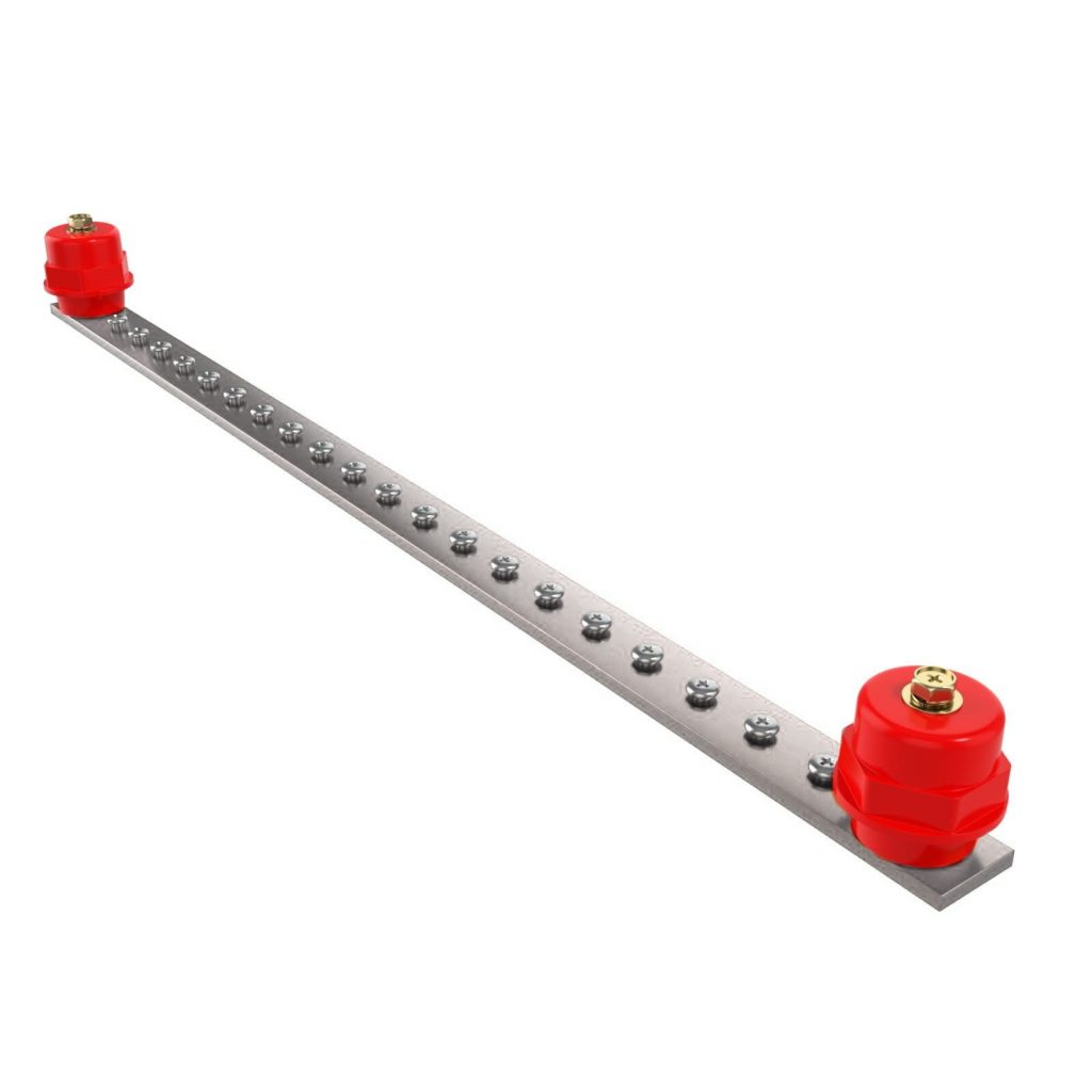 RC19 SZ620-19И-Л Шина заземления медная 19" с изоляторами на 20 точек подключения, габариты 483х4х20 мм., луженая