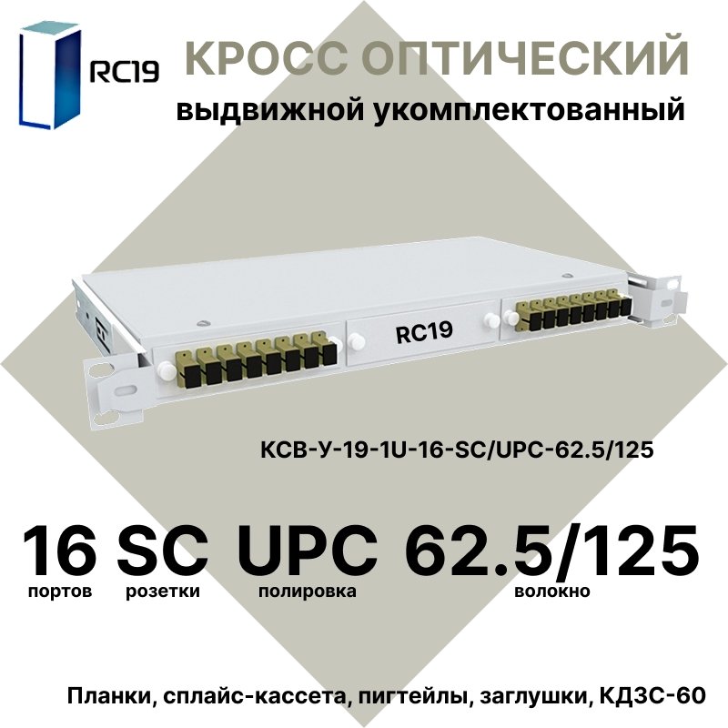 RC19 КСВ-У-19-1U-16-SC/UPC-62.5/125 Кросс оптический 19amp;quot; выдвижной 1U на 16 портов SC 62,5/125мкм укомплектованный (пигтейл SC 62,5/125-16шт, розетка SC-16шт, сплайс кассета с крышкой-1шт, КДЗС-16шт)